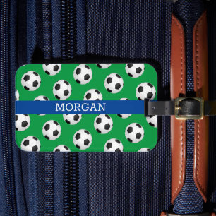 Soccer Ball Pattern, White Name, Blue & Green Luggage Tag