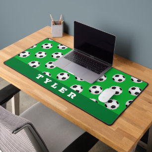 Soccer Ball Pattern, White Name on Green Desk Mat