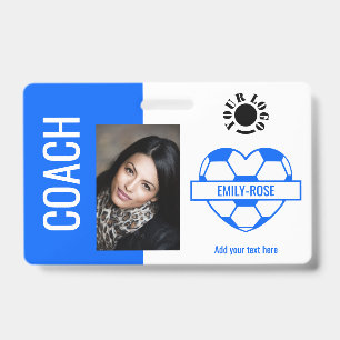 Soccer Ball Photo Logo Barcode Template Coach Blue ID Badge
