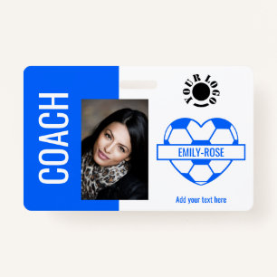 Soccer Ball Photo Logo Barcode Template Coach Blue ID Badge