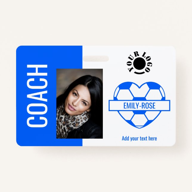 Soccer Ball Photo Logo Barcode Template Coach Blue ID Badge (Front)