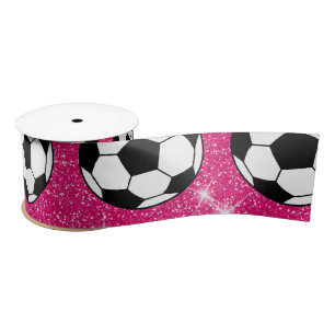 Soccer Ball Pink Frost Glitters Sport Player White Satin Ribbon