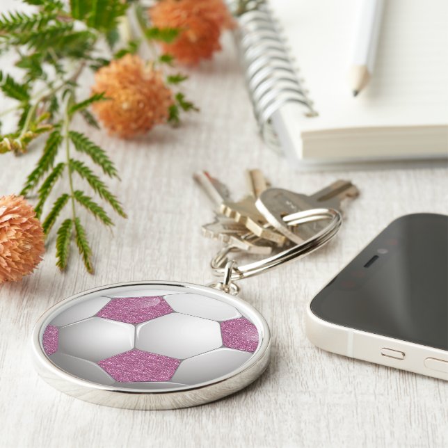 Soccer Ball Pink Glitter Effect Key Ring (Side)