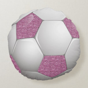 Soccer Ball Pink Glitter Effect Round Cushion