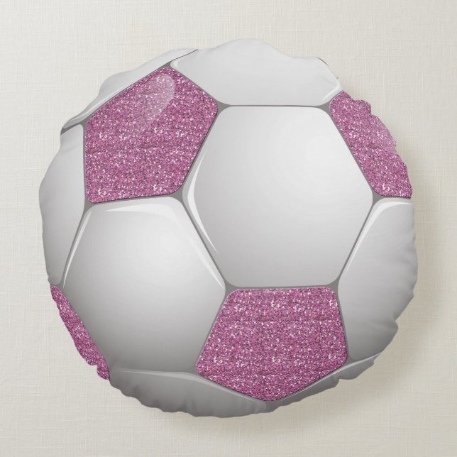 Soccer Ball Pink Glitter Effect Round Cushion (Back)