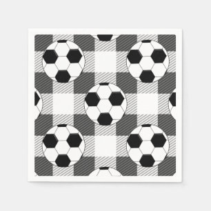 Soccer Ball Plaid Pattern In Black White and Gray Napkin