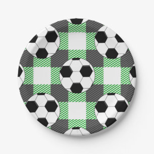 Soccer Ball Plaid Pattern In Black White and Green Paper Plate