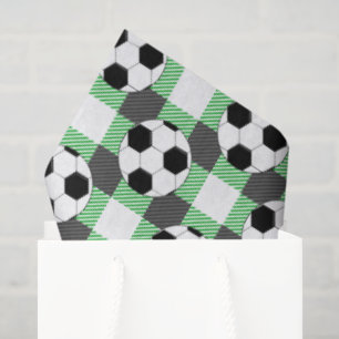 Soccer Ball Plaid Pattern In Black White and Green Tissue Paper