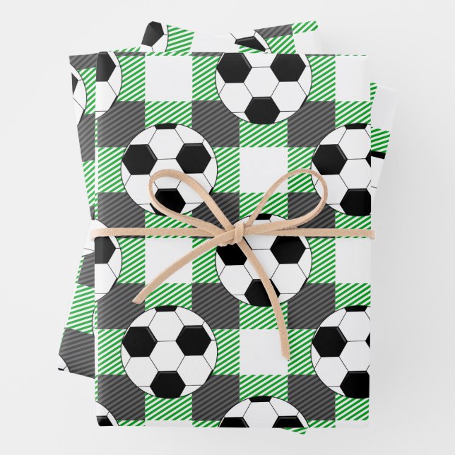Soccer Ball Plaid Pattern In Black White and Green Wrapping Paper Sheet (In situ)