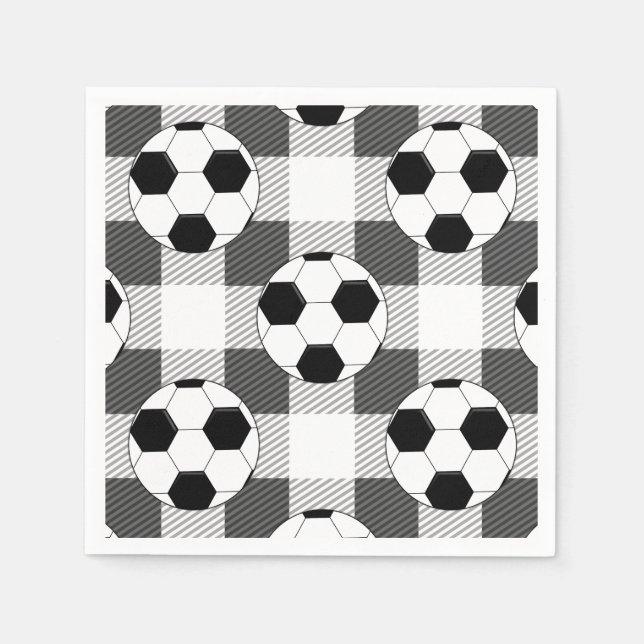 Soccer Ball Plaid Pattern In Black White and Grey Napkin (Front)