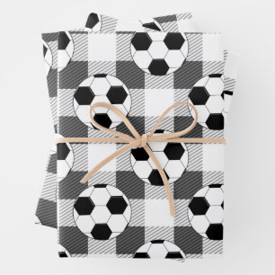 Soccer Ball Plaid Pattern In Black White and Grey Wrapping Paper Sheet