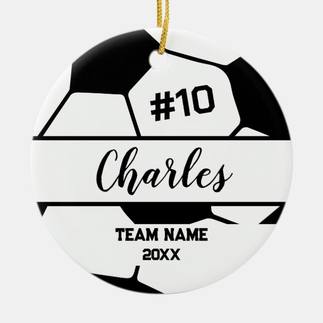 Soccer Ball Player | Custom Name Number & Team Ceramic Tree Decoration (Front)