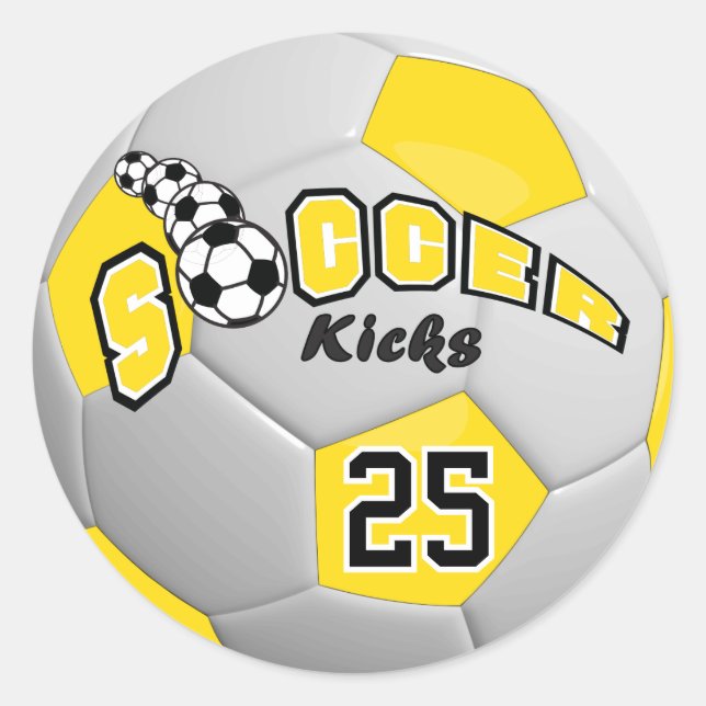 Soccer Ball Players Kicks | Yellow Classic Round Sticker (Front)