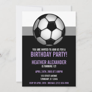 Soccer Ball Purple & Black Birthday Invitations
