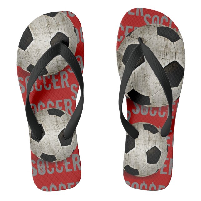 Soccer Ball Red And Black Fun Flip Flops (Footbed)