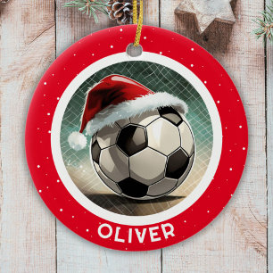 Soccer Ball Red Santa Hat Christmas Kid`s Name  Ceramic Tree Decoration