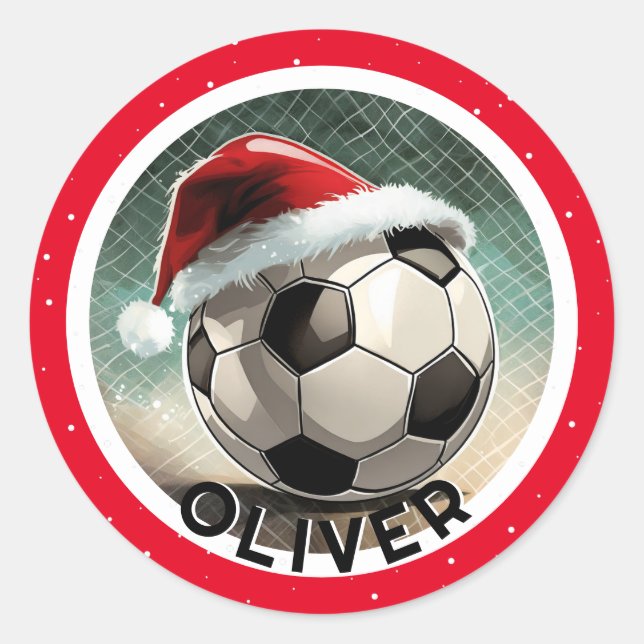 Soccer Ball Red Santa Hat Christmas Kid`s Name  Classic Round Sticker (Front)