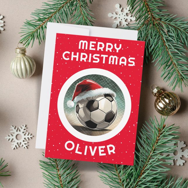 Soccer Ball Red Santa Hat Christmas Kid`s Name  Holiday Card (Creator Uploaded)