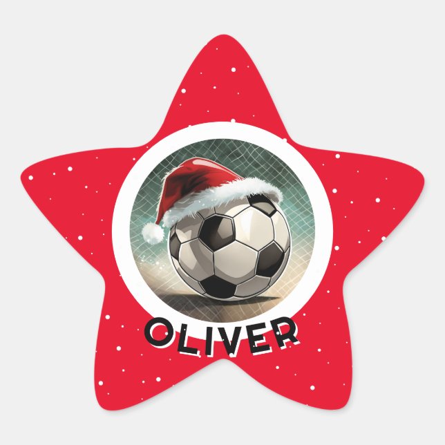 Soccer Ball Red Santa Hat Christmas Kid`s Name  Star Sticker (Front)