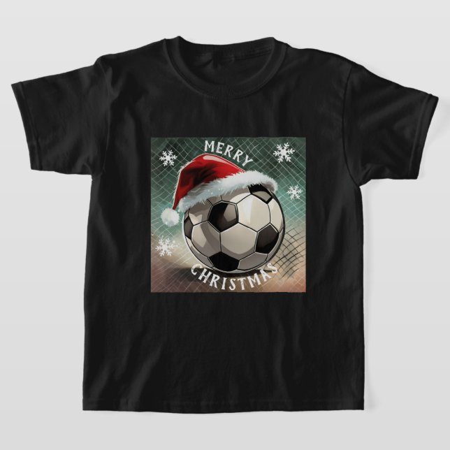 Soccer Ball Red Santa Hat Snowflake Christmas T-Shirt (Laydown)