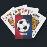 Soccer Ball; Red, White, and Blue Playing Cards<br><div class="desc">Cool, colourful kid's soccer ball, football, black and white ball, soccer player, coach, sports design on Red, White, and Blue pattern. Perfect gift for baby, toddler, kids, children, teens, or adults! Personalised the design by adding a child's name or custom text with athletic, sporty look sports white font. Visit our...</div>