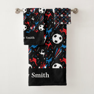 Soccer Ball Red White Blue Geometric Graphic Bath Towel Set