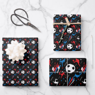 Soccer Ball Red White Blue Geometric Graphic Wrapping Paper Sheet