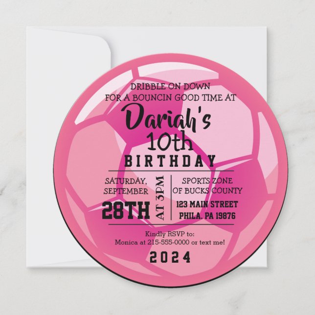 SOCCER BALL ROUND Pink Birthday Party Invitation (Front)