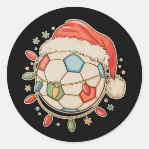 Soccer Ball Santa Hat Christmas Lights Tree Xmas Classic Round Sticker