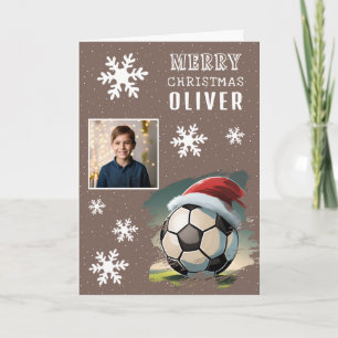 Soccer Ball Santa Hat Kids Photo Christmas Card
