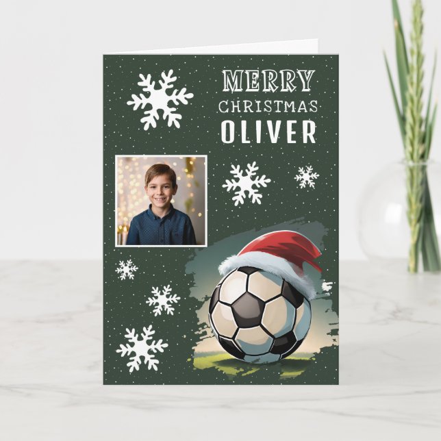 Soccer Ball Santa Hat Kids Photo Christmas Card (Front)