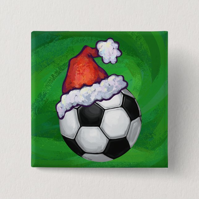 Soccer Ball Santa Hat on Green 15 Cm Square Badge (Front)