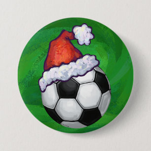 Soccer Ball Santa Hat on Green 7.5 Cm Round Badge