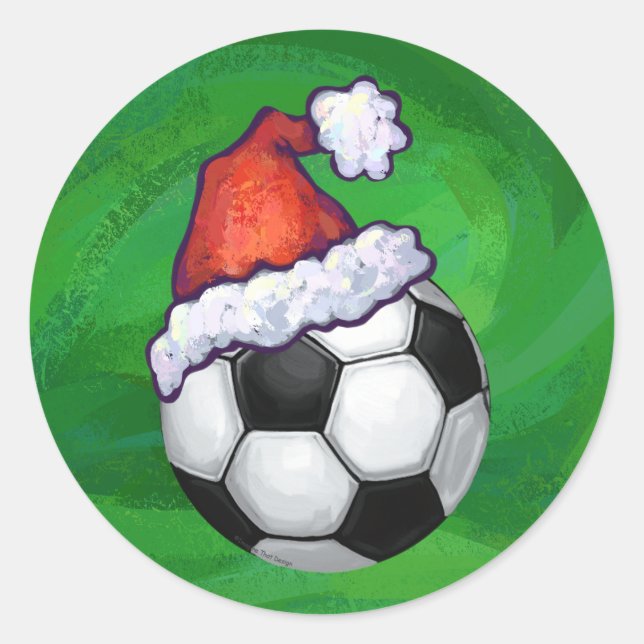Soccer Ball Santa Hat on Green Classic Round Sticker (Front)