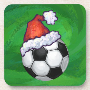 Soccer Ball Santa Hat on Green Coaster