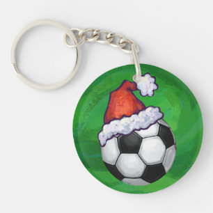 Soccer Ball Santa Hat on Green Key Ring