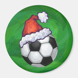 Soccer Ball Santa Hat on Green Magnet
