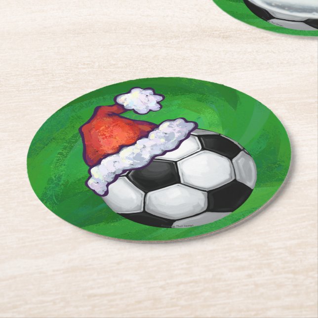 Soccer Ball Santa Hat on Green Round Paper Coaster (Angled)