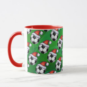 Soccer Ball Santa Hat Pattern on Green Mug