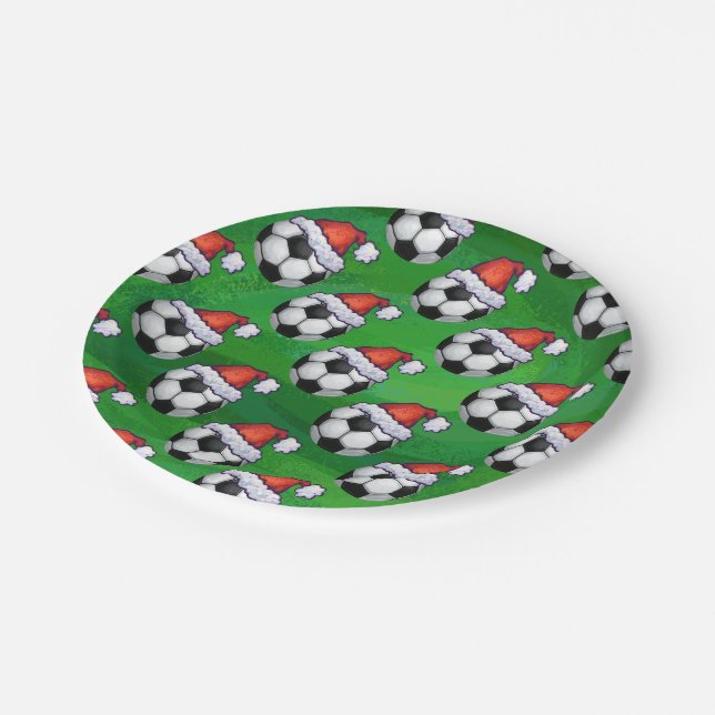 Soccer Ball Santa Hat Pattern on Green Paper Plate (Angled)