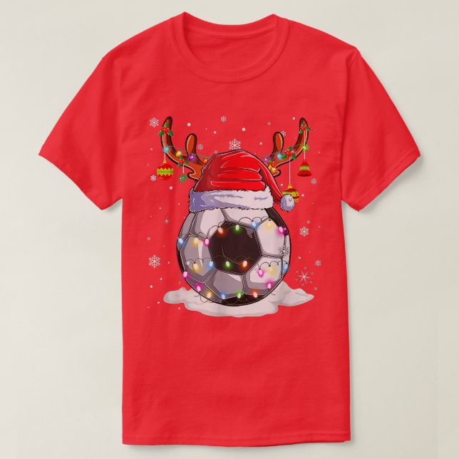 Soccer Ball Santa Hat Reindeer Christmas Lights  T-Shirt (Design Front)