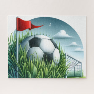 Soccer Ball Sitting In Grass Jigsaw Puzzle