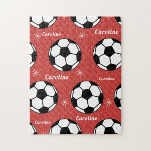 Soccer Ball Snow Red Festive Vibrant Personalised Jigsaw Puzzle