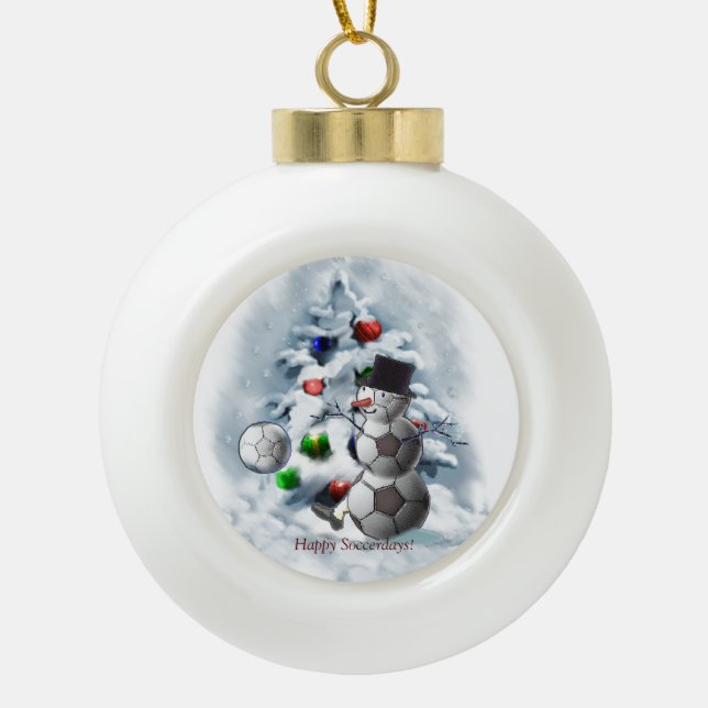 Soccer Ball Snowman Christmas Ceramic Ball Christmas Ornament (Front)