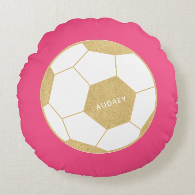 Soccer Ball Sports Gift Custom Pink Round Pillow (Front)