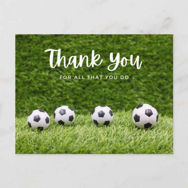 Soccer ball thank you with ball on green grass  postcard (Front)