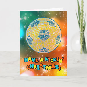 Soccer Ball Typography Blue Christmas Card