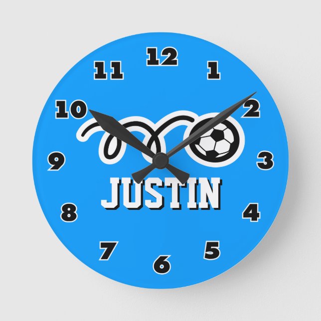 Soccer ball wall clock with name for sporty boys (Front)