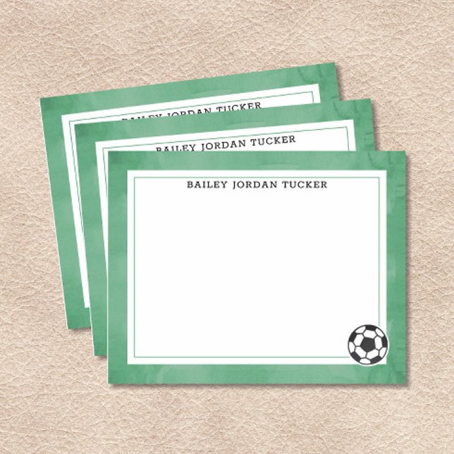 Soccer Ball Watercolor Green Stationery Card (Soccer Ball with Name Flat Note Cards)