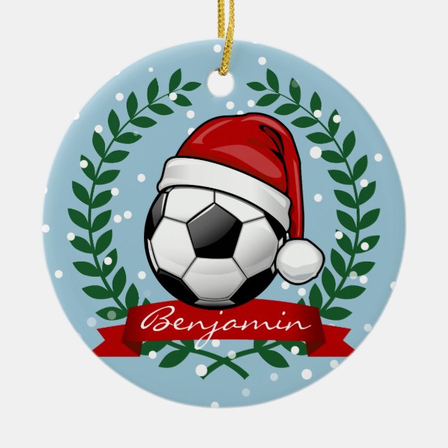 Soccer Ball Wearing a Santa Hat Christmas Ceramic Tree Decoration (Front)